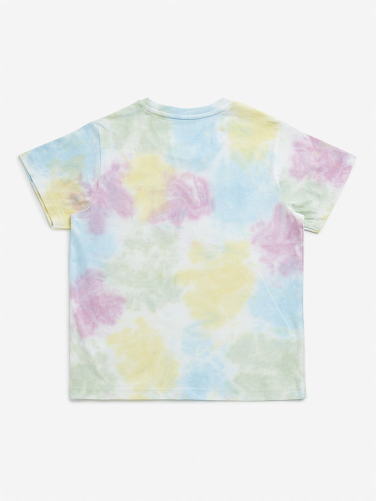 Westside Y&F Girl's Multicolour Tie-Dye Printed Cotton T-Shirt for Casual Wear Back View