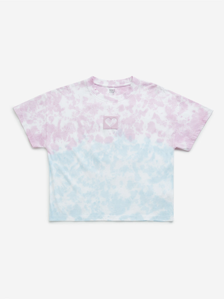 Westside Y&F Girl's Multicolour Tie-Dye Printed Cotton T-Shirt for Casual Wear Front View