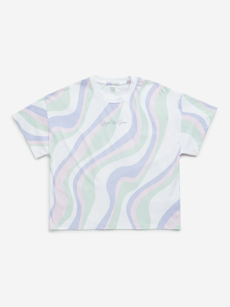 Westside Y&F Girl's Multicolour Wave Design Cotton T-Shirt for Casual Wear Front View