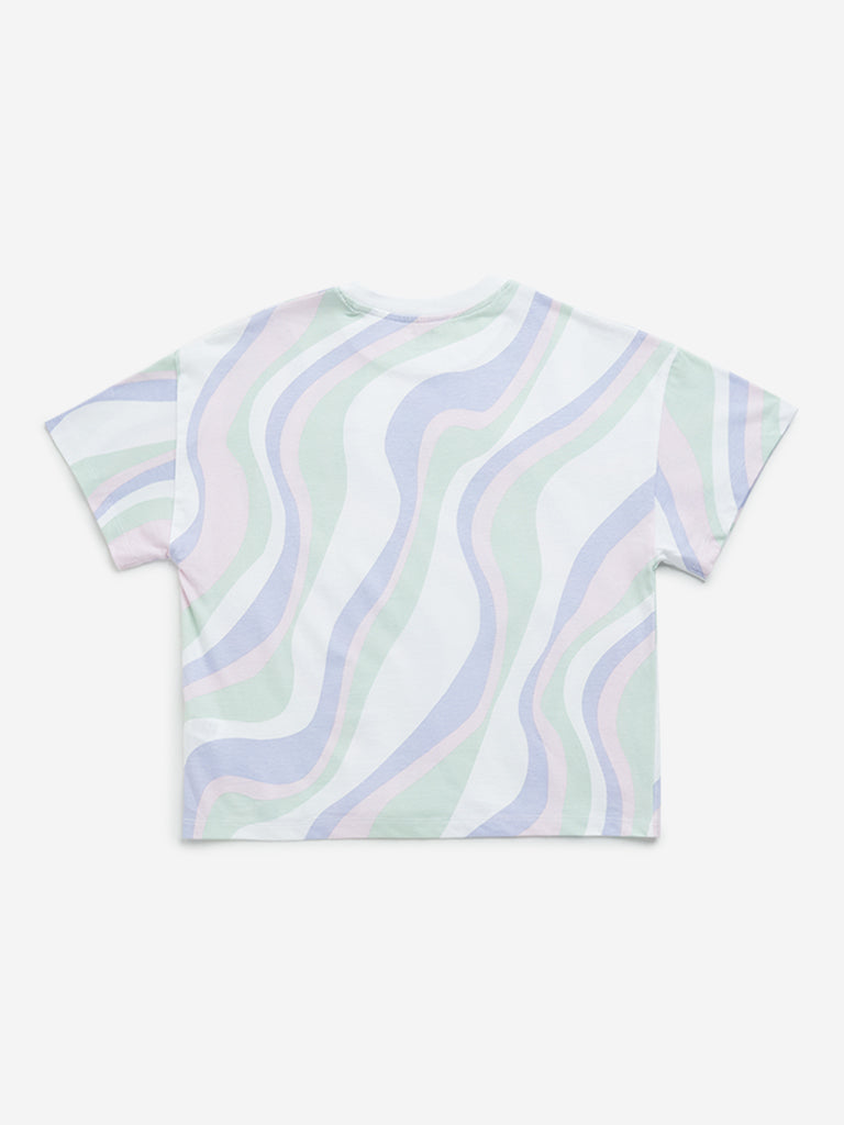 Westside Y&F Girl's Multicolour Wave Design Cotton T-Shirt for Casual Wear Back View