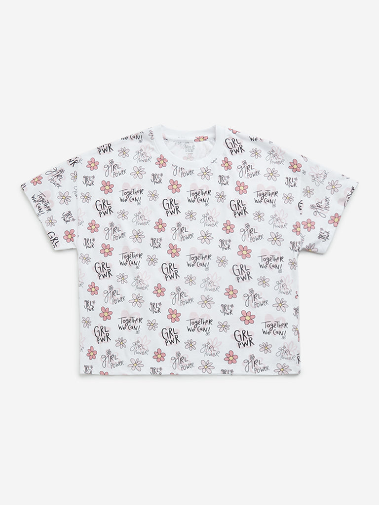 Westside Y&F Girl's White Floral Printed Cotton T-Shirt for Casual Wear Front View