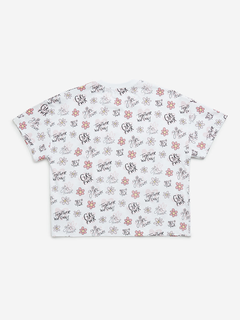 Westside Y&F Girl's White Floral Printed Cotton T-Shirt for Casual Wear Back View