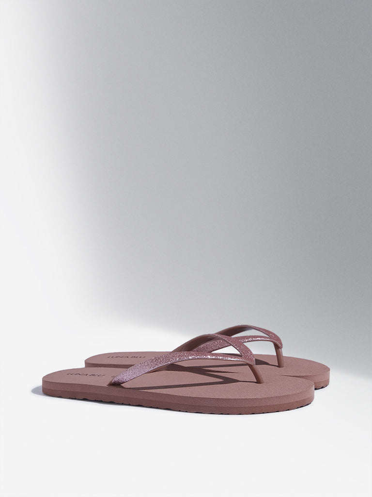 Westside LUNA BLU Women's Dusty Pink Shimmer Detailed Flip-Flops Front View