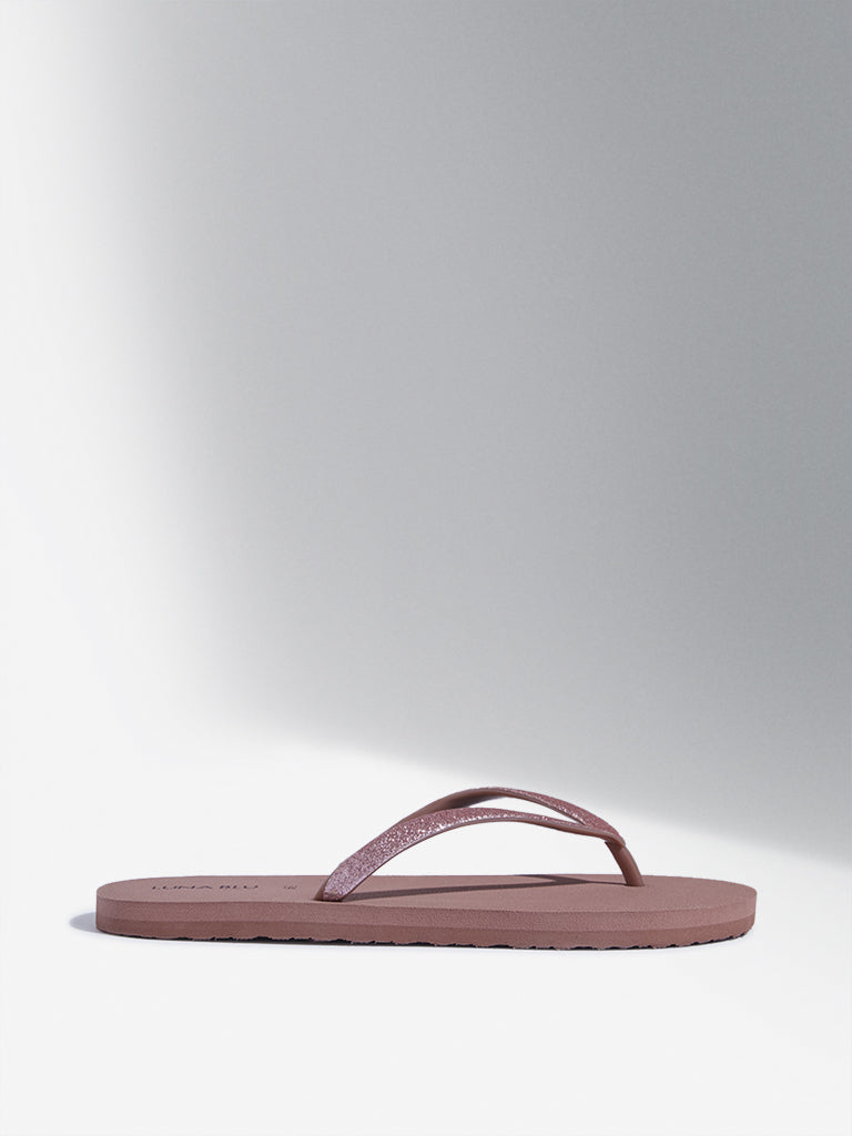 Westside LUNA BLU Women's Dusty Pink Shimmer Detailed Flip-Flops Side View