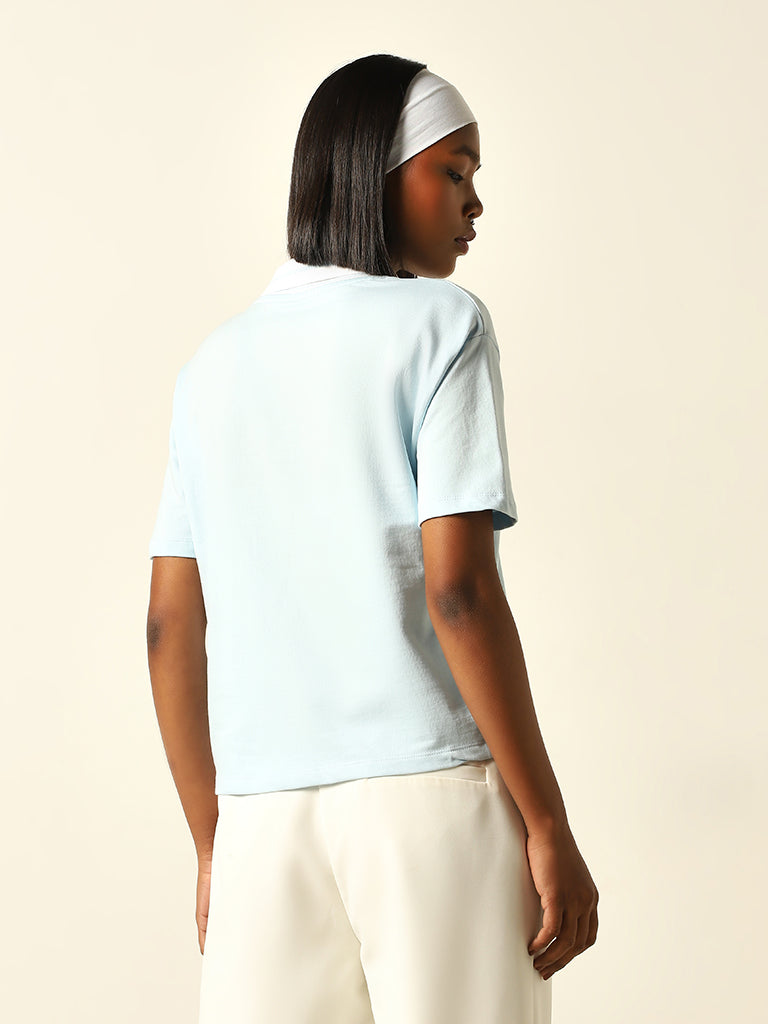 Westside Studiofit Women's Light Blue Text Design Collared Cotton T-Shirt for Sports Wear Back View