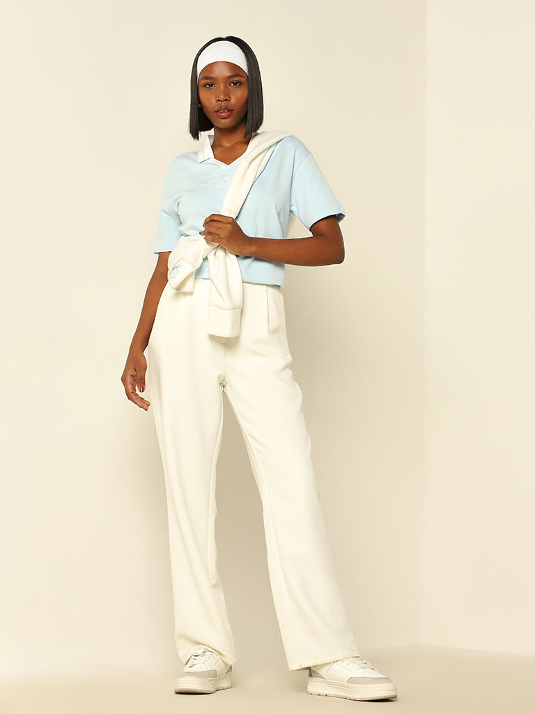 Westside Studiofit Women's Light Blue Text Design Collared Cotton T-Shirt for Sports Wear Full View