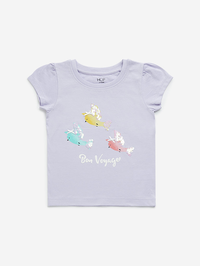 Westside HOP Kids Lilac Embellished Cotton T-Shirt for Casual Wear Front View