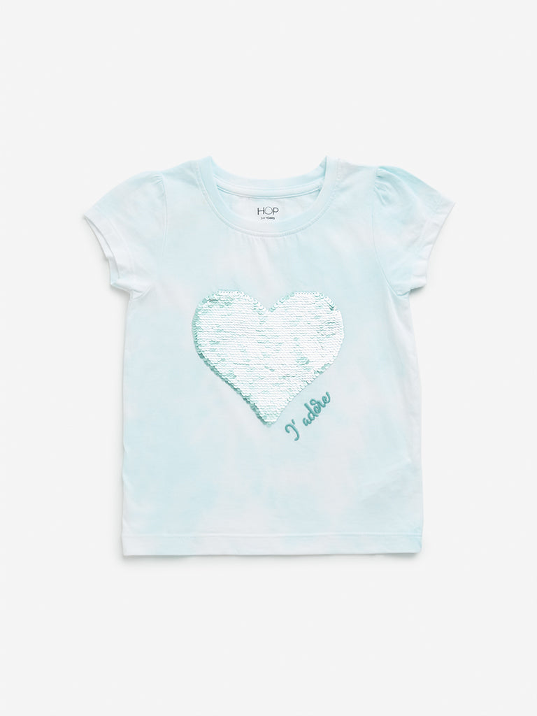 Westside HOP Kids Mint Heart Sequin Design Cotton T-Shirt for Casual Wear Front View