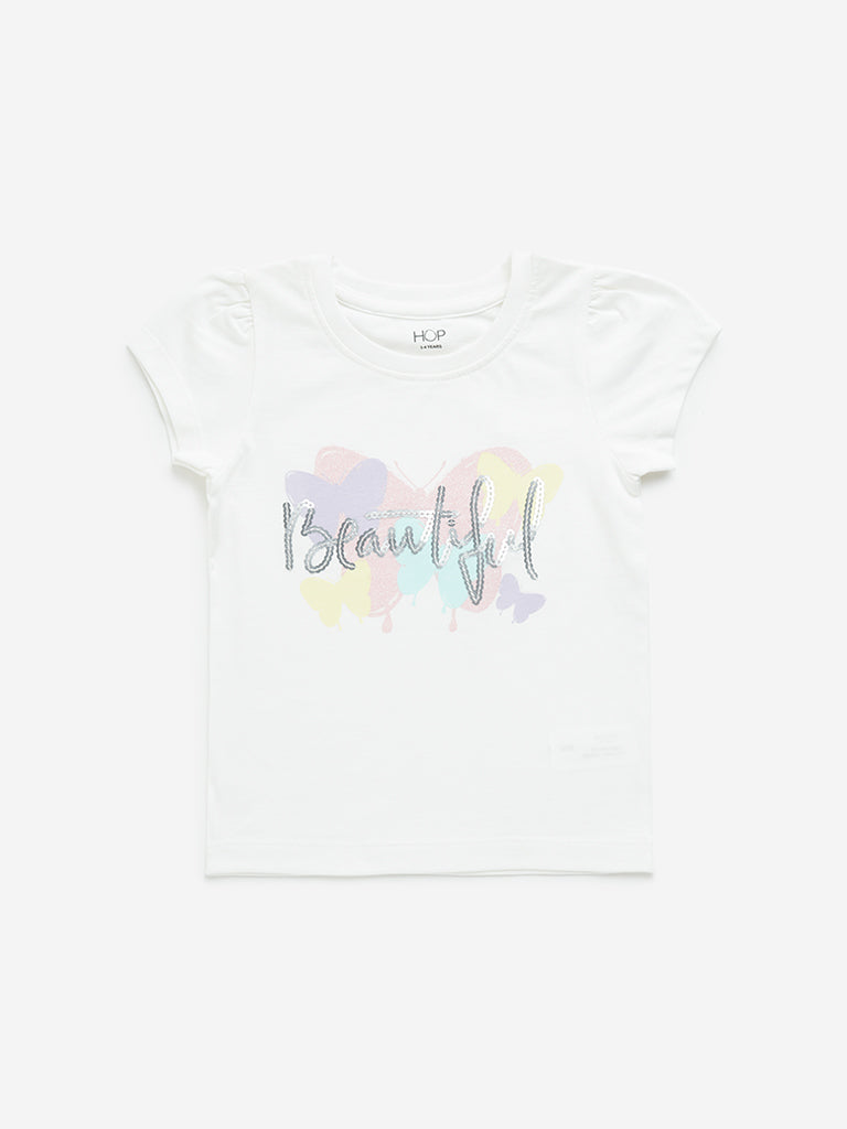 Westside HOP Kids White Text Sequin Design Cotton T-Shirt for Casual Wear Front View