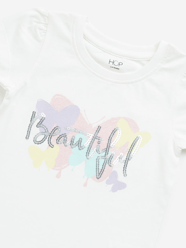 Westside HOP Kids White Text Sequin Design Cotton T-Shirt for Casual Wear Zoomed View
