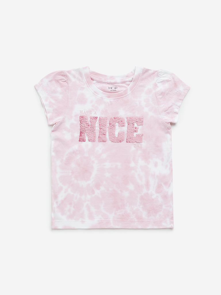 Westside HOP Kids Pink Typographic Tie-Dye Printed Cotton T-Shirt for Casual Wear Front View