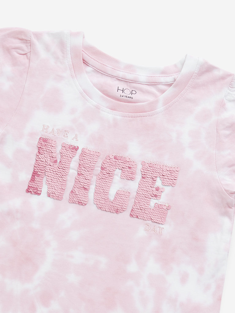 Westside HOP Kids Pink Typographic Tie-Dye Printed Cotton T-Shirt for Casual Wear Zoomed View