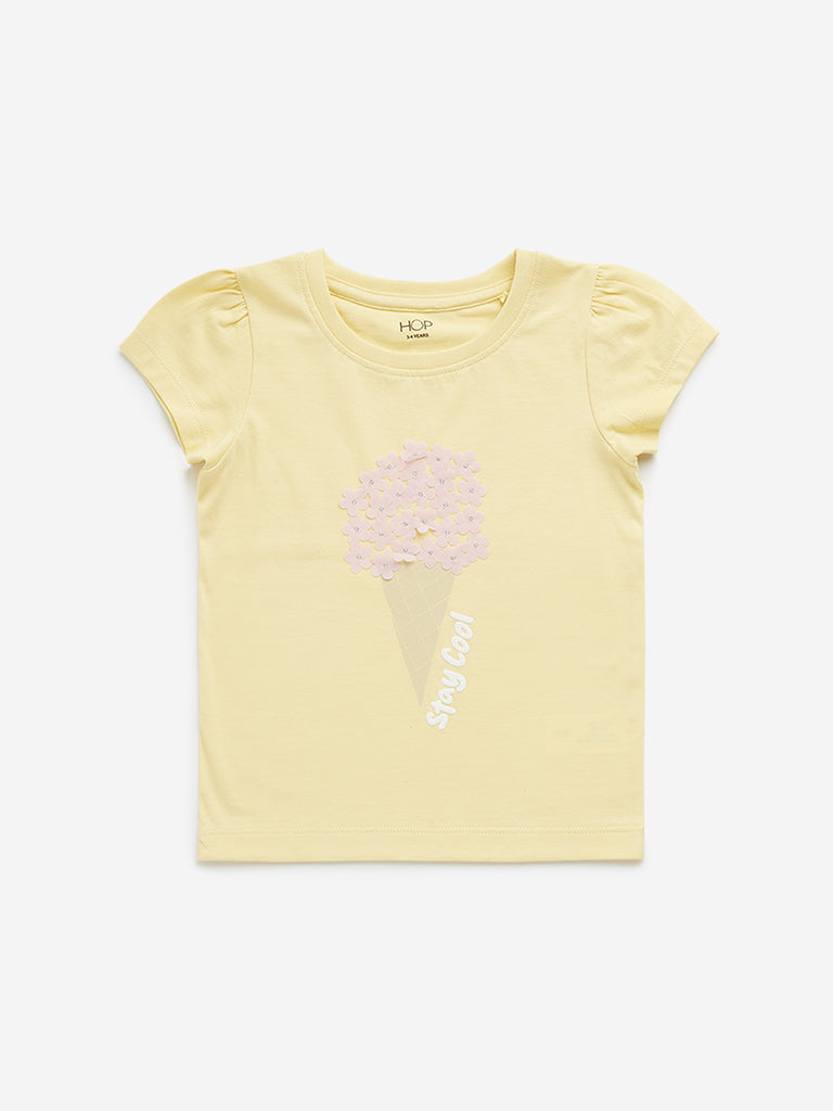 Westside HOP Kids Yellow Ice-Cream Design Cotton T-Shirt for Casual Wear Front View