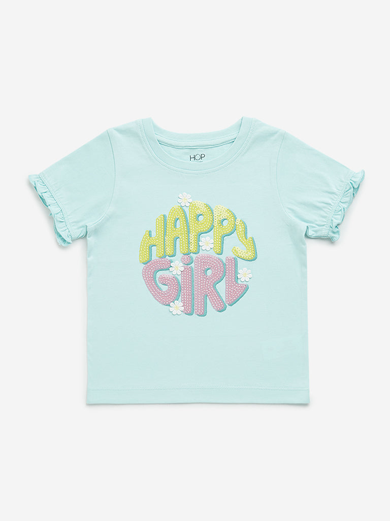 Westside HOP Kids Mint Text Printed Cotton T-Shirt for Casual Wear Front View