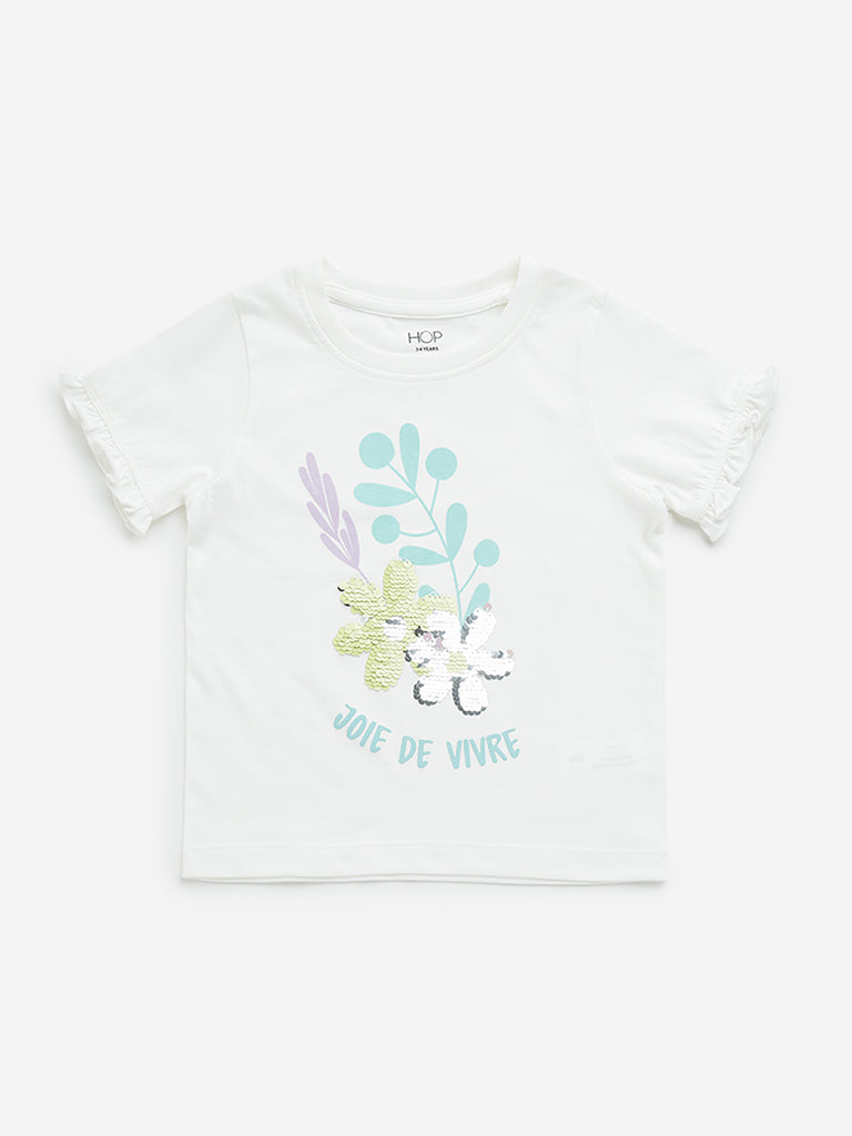 Westside HOP Kids White Floral Embellished Cotton T-Shirt for Casual Wear Front View