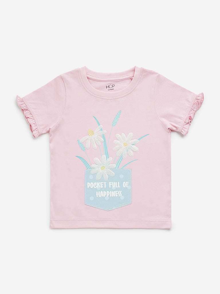 Westside HOP Kids Pink Floral Embroidered Cotton T-Shirt for Casual Wear Front View