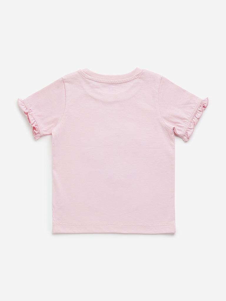 Westside HOP Kids Pink Floral Embroidered Cotton T-Shirt for Casual Wear Back View