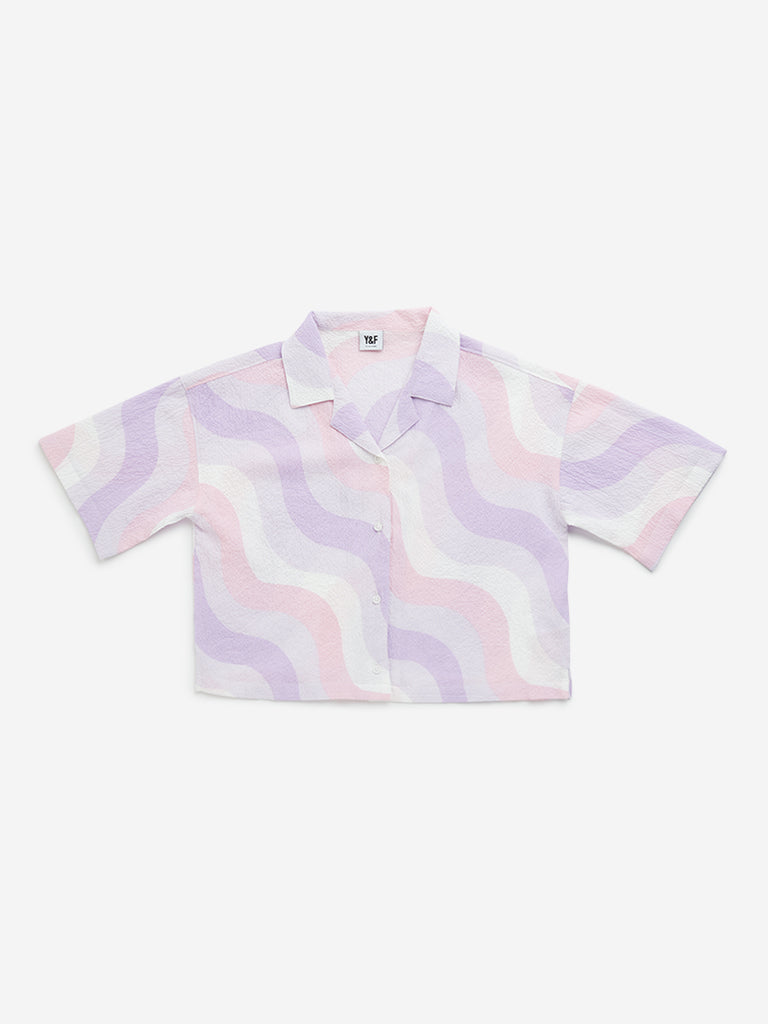 Westside Y&F Girl's Multicolour Abstract Cropped Cotton Shirt for Casual Wear Front View