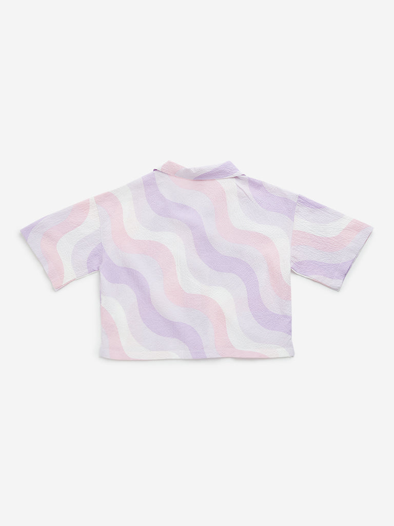 Westside Y&F Girl's Multicolour Abstract Cropped Cotton Shirt for Casual Wear Back View
