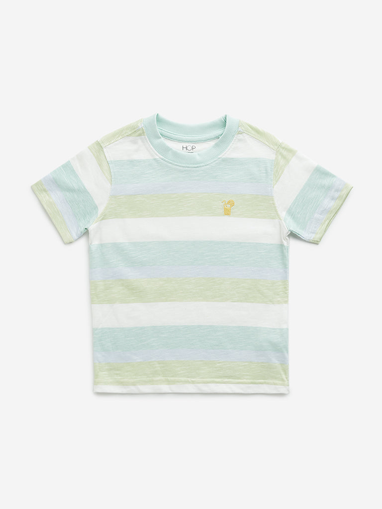 Westside HOP Kids Green Striped Design Cotton T-Shirt for Casual Wear Front View