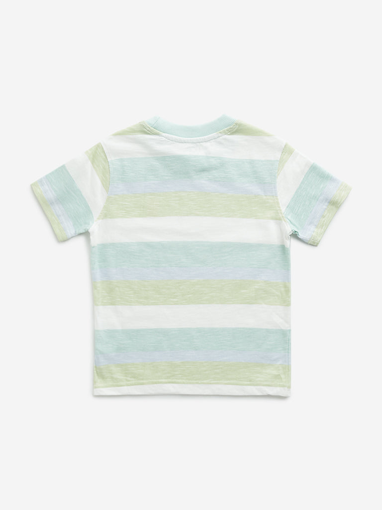 Westside HOP Kids Green Striped Design Cotton T-Shirt for Casual Wear Back View