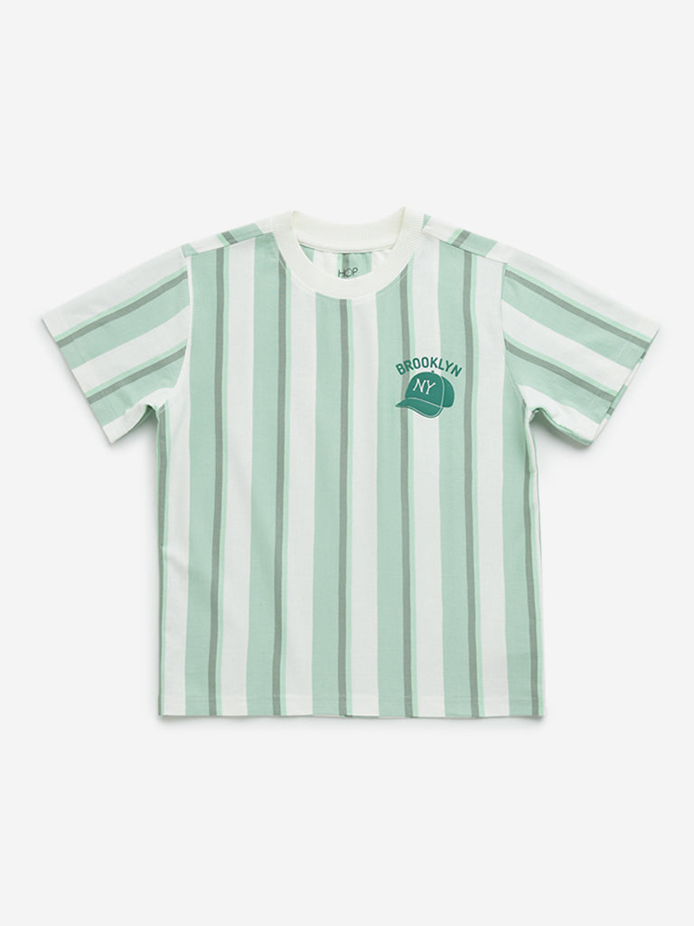 Westside HOP Kids Green Striped Printed Cotton T-Shirt for Casual Wear Front View