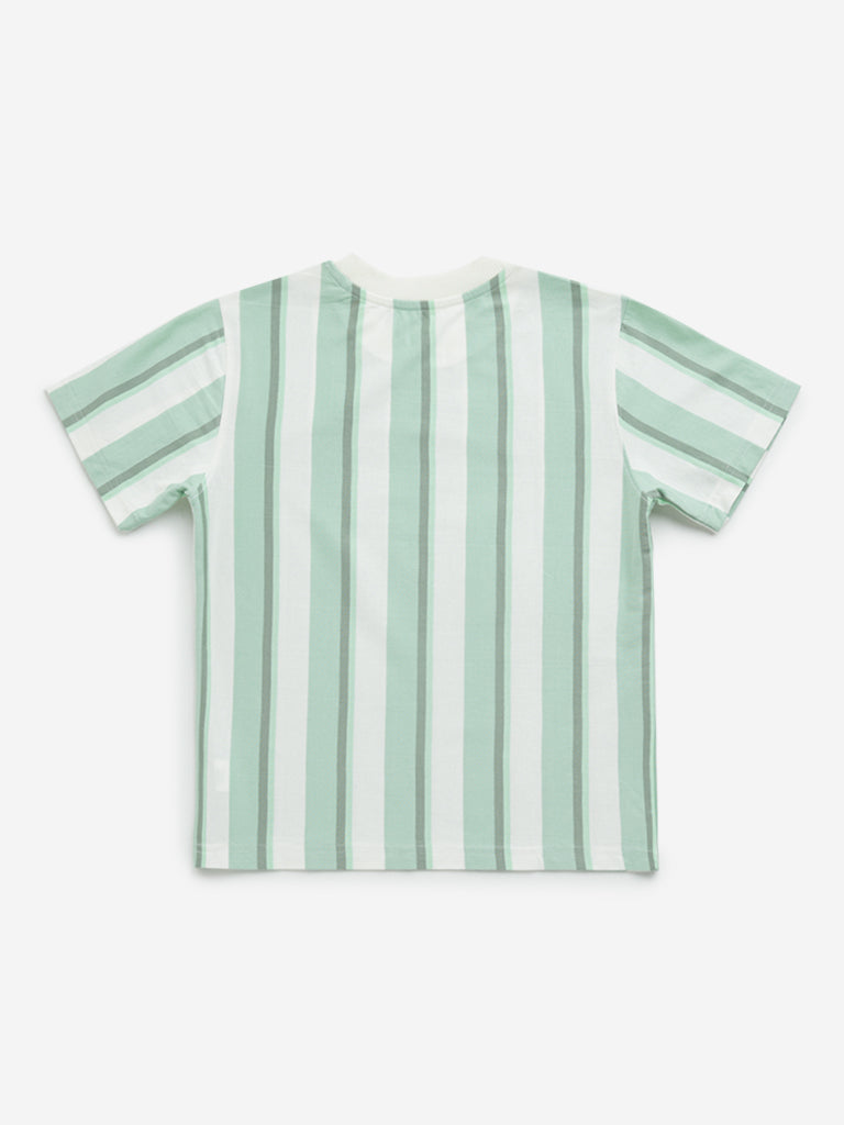 Westside HOP Kids Green Striped Printed Cotton T-Shirt for Casual Wear Back View