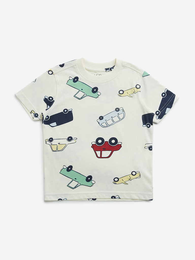 Westside HOP Kids Off-White Car Printed Cotton T-Shirt for Casual Wear Front View