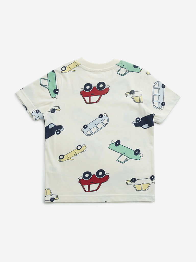 Westside HOP Kids Off-White Car Printed Cotton T-Shirt for Casual Wear Back View