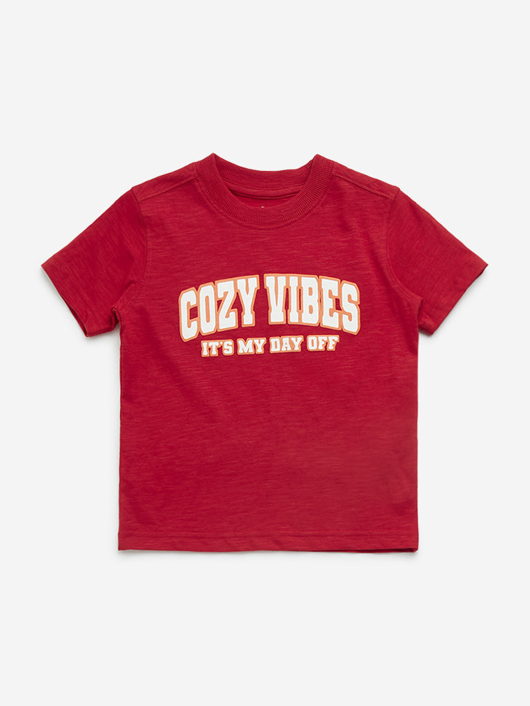 Westside HOP Kids Red Text Printed Cotton T-Shirt for Casual Wear Front View
