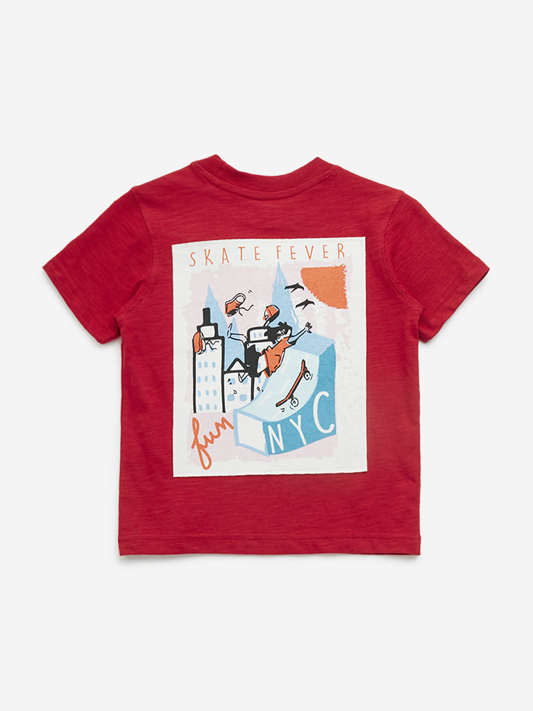 Westside HOP Kids Red Text Printed Cotton T-Shirt for Casual Wear Back View
