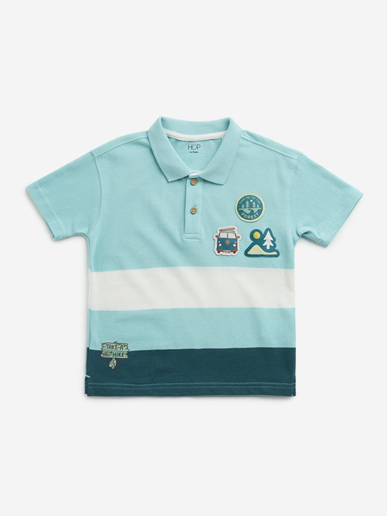 Westside HOP Kids Aqua Colour-Blocked Design Cotton Polo T-Shirt for Casual Wear Front View