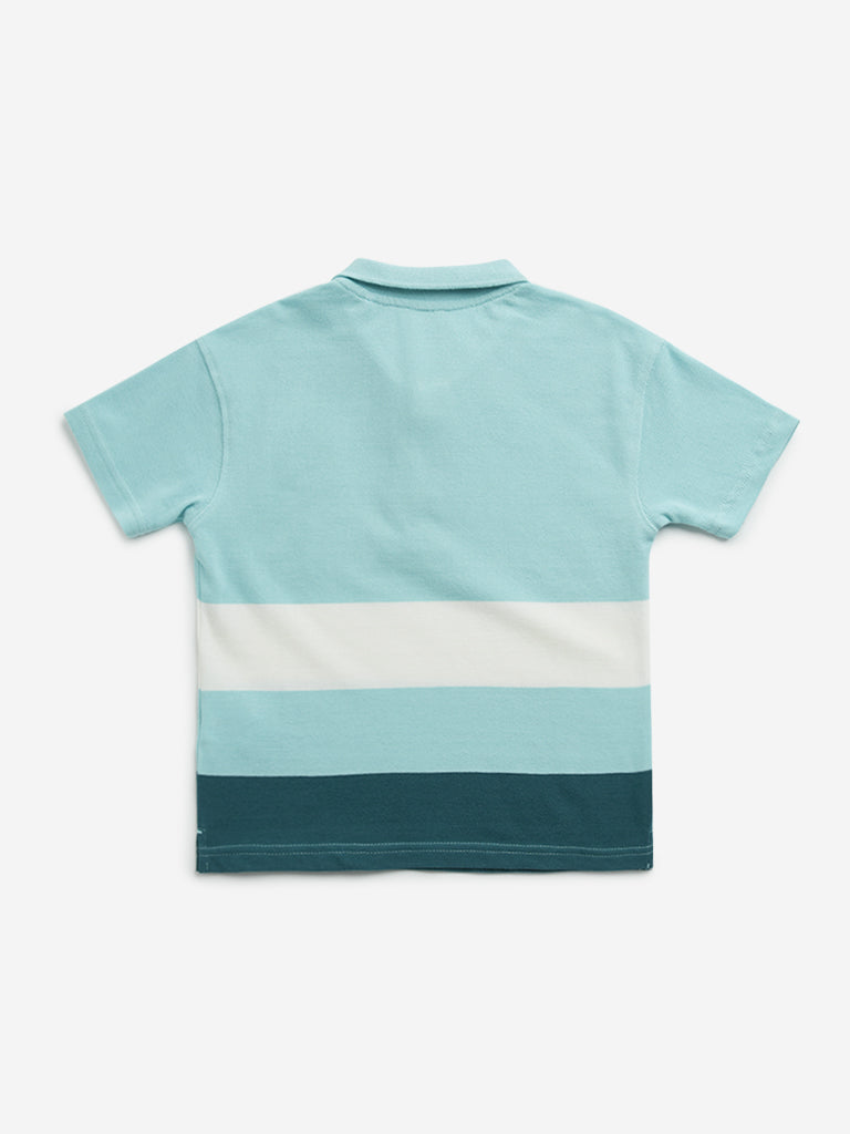 Westside HOP Kids Aqua Colour-Blocked Design Cotton Polo T-Shirt for Casual Wear Back View