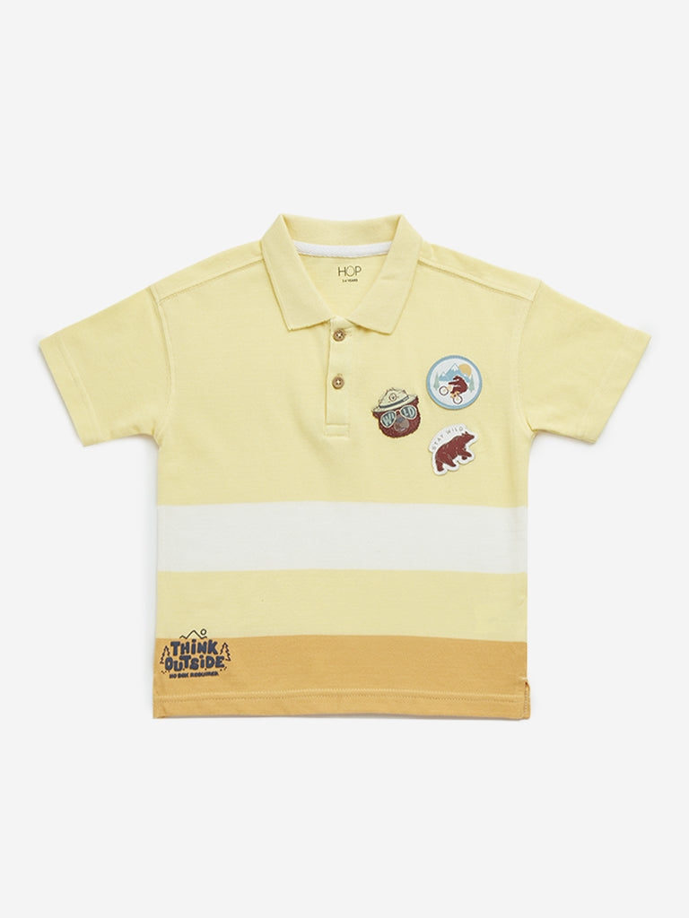 Westside HOP Kids Yellow Colour-Blocked Design Cotton Polo T-Shirt for Casual Wear Front View