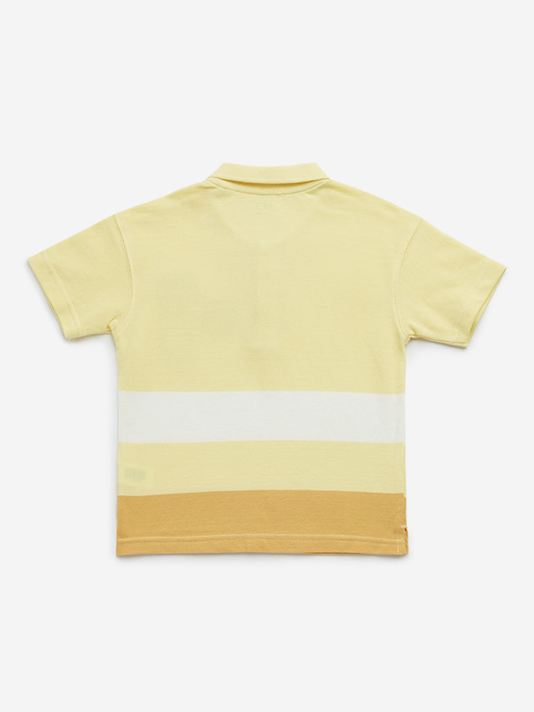 Westside HOP Kids Yellow Colour-Blocked Design Cotton Polo T-Shirt for Casual Wear Back View