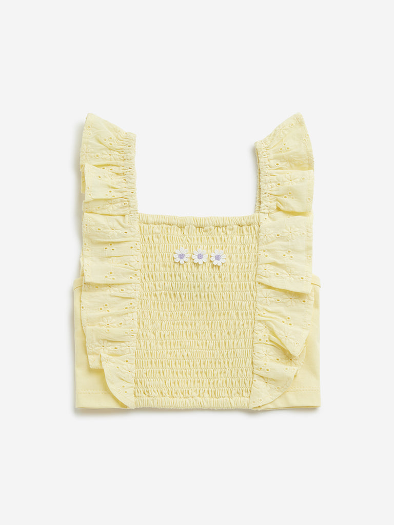 Westside HOP Kids Yellow Schiffli Design Ruffled Cotton Top for Casual Wear Front View