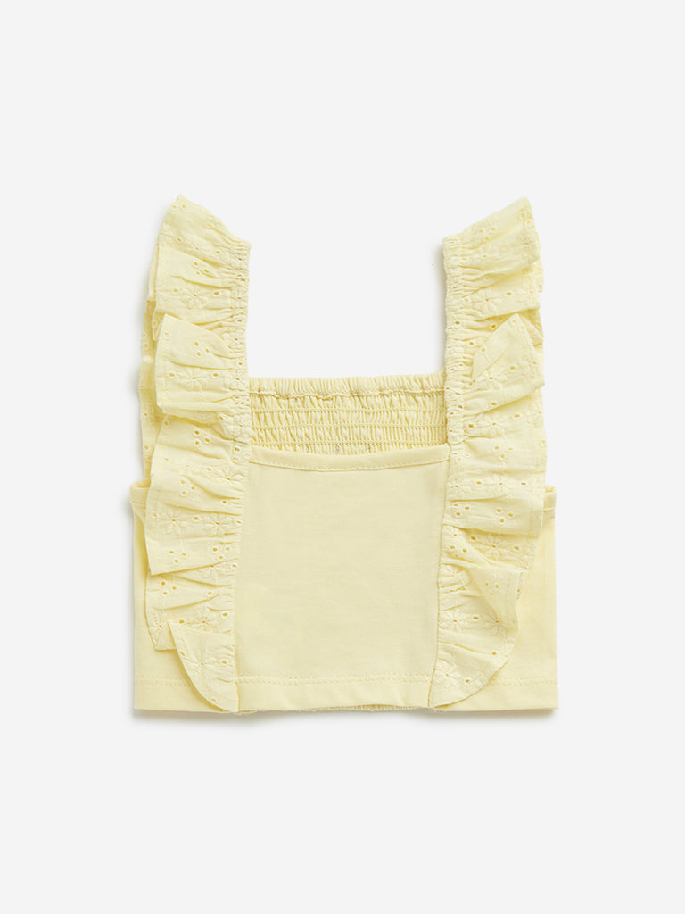 Westside HOP Kids Yellow Schiffli Design Ruffled Cotton Top for Casual Wear Back View