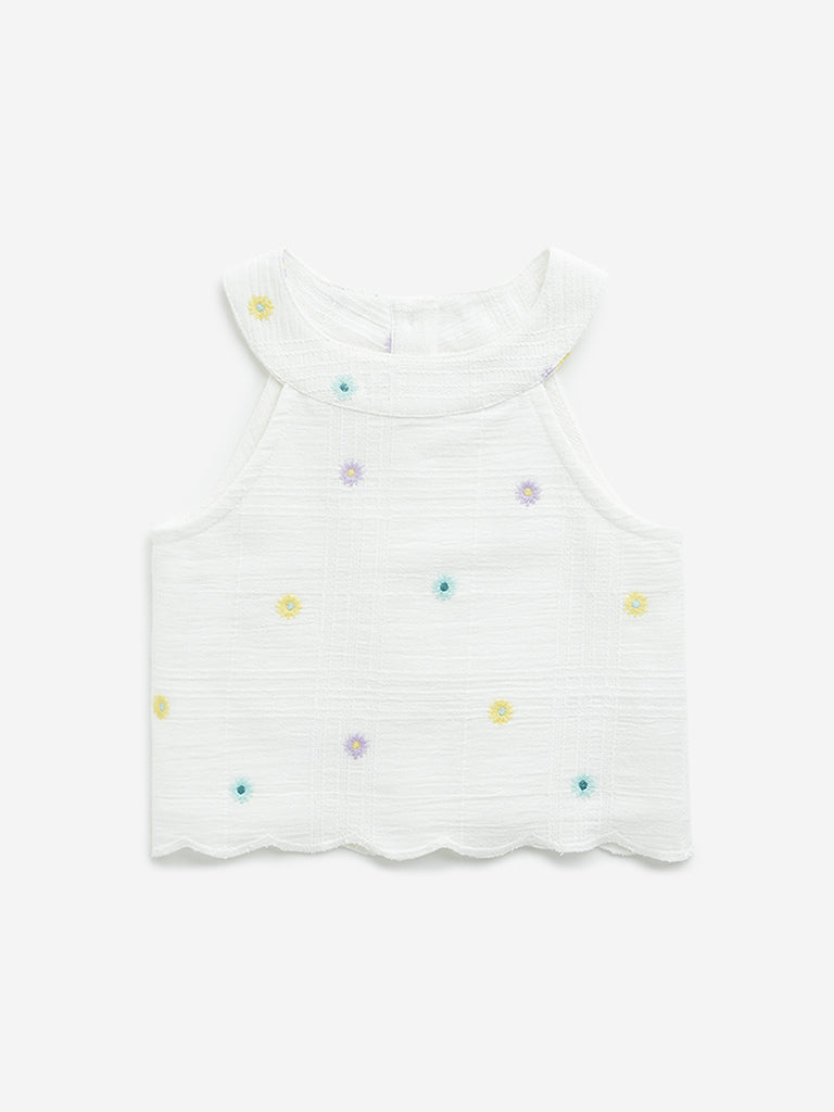 Westside HOP Kids Off-White Floral Embroidered Cotton Top for Casual Wear Front View