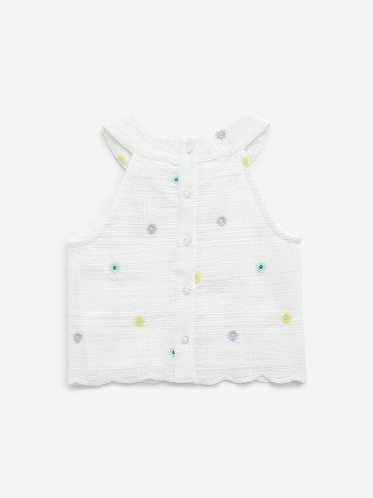 Westside HOP Kids Off-White Floral Embroidered Cotton Top for Casual Wear Back View