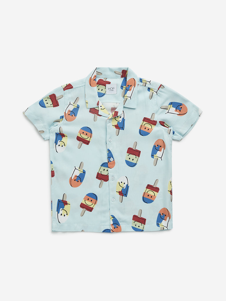 Westside HOP Kids Light Blue Ice-Cream Printed Resort-Fit Shirt for Casual Wear Front View