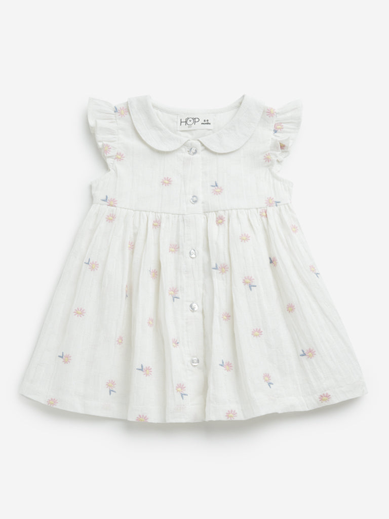 Westside HOP Baby Girl's White Floral Embroidered A-Line Cotton Dress for Casual Wear Front View