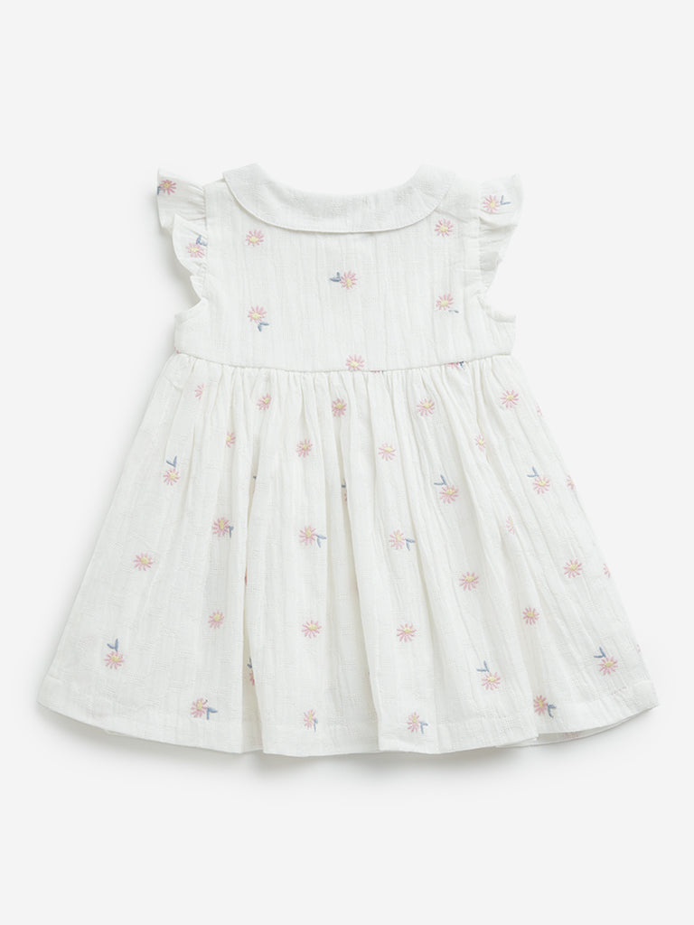 Westside HOP Baby Girl's White Floral Embroidered A-Line Cotton Dress for Casual Wear Back View