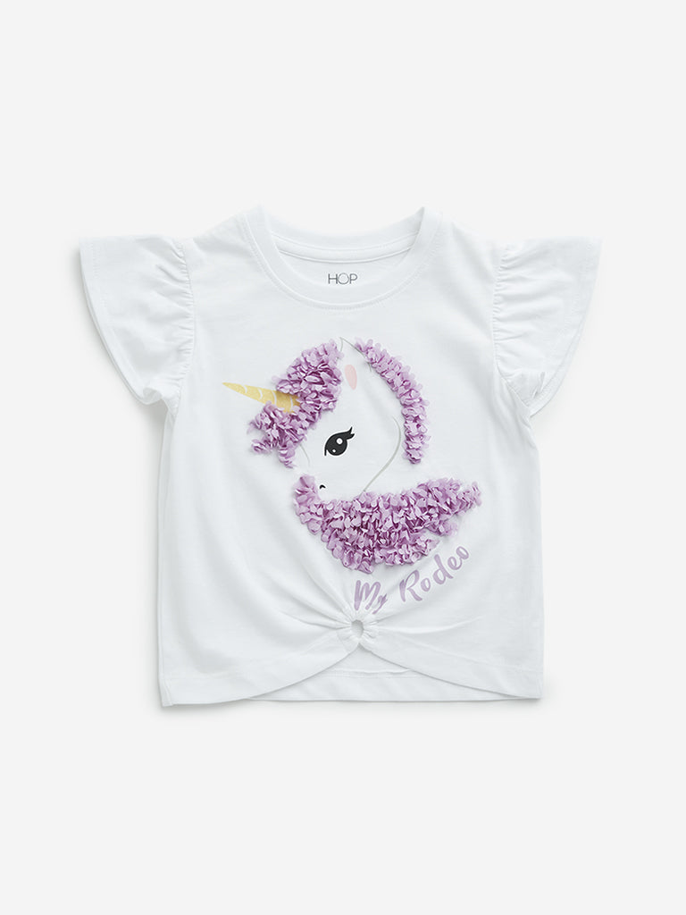 Westside HOP Kids White Unicorn Design Cotton T-Shirt for Casual Wear Front View