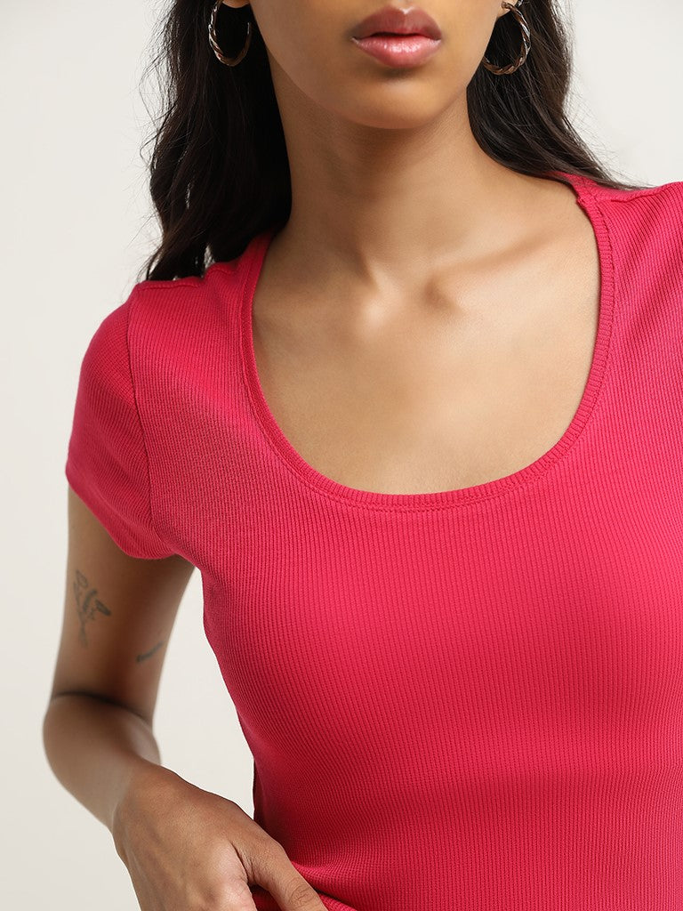 Nuon Pink Ribbed Textured Cotton-Blend T-Shirt