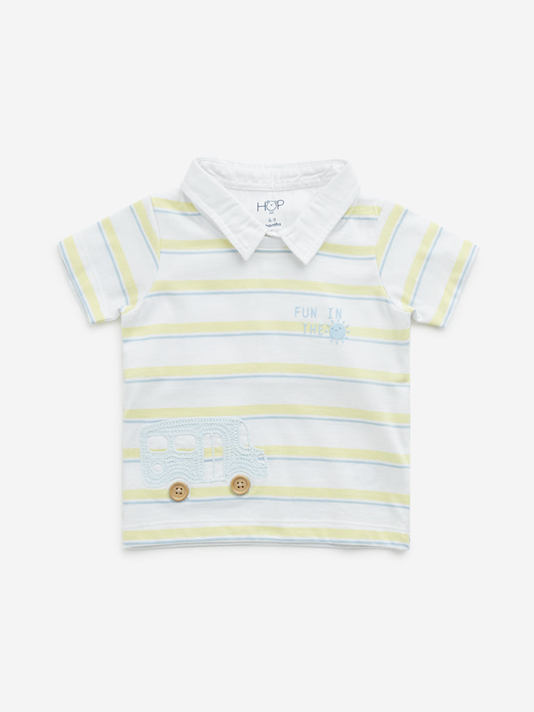 Westside HOP Baby Boy's White Striped Design Collared Cotton T-Shirt for Casual Wear Front View