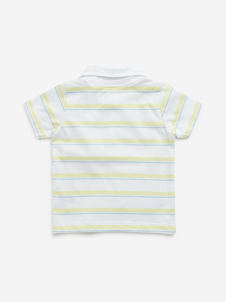 Westside HOP Baby Boy's White Striped Design Collared Cotton T-Shirt for Casual Wear Back View