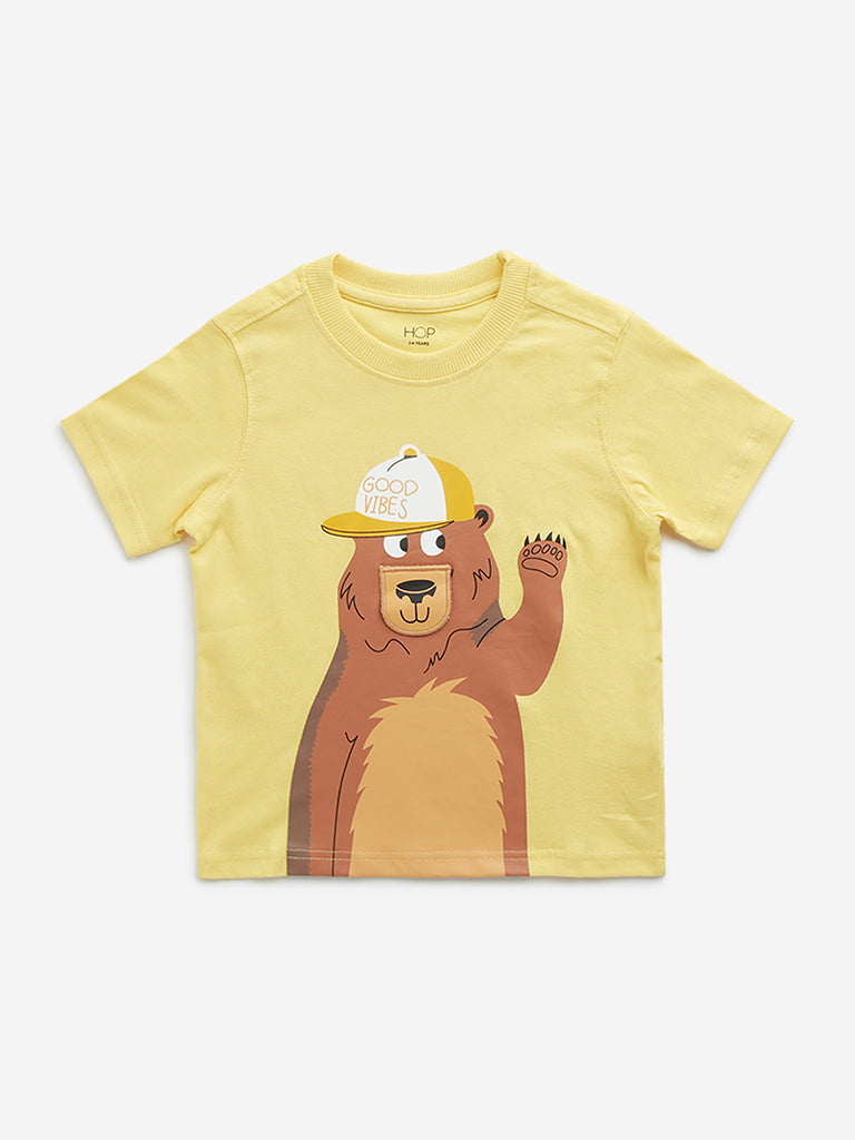 Westside HOP Kids Yellow Bear Printed Cotton T-Shirt for Casual Wear Front View