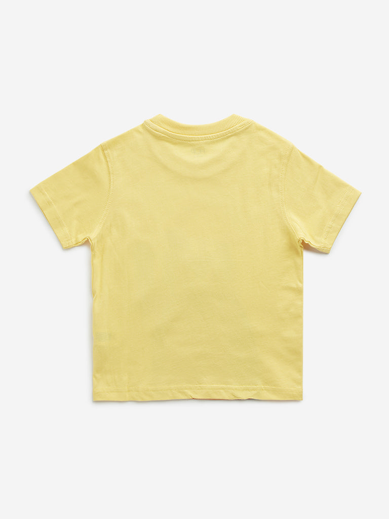 Westside HOP Kids Yellow Bear Printed Cotton T-Shirt for Casual Wear Back View