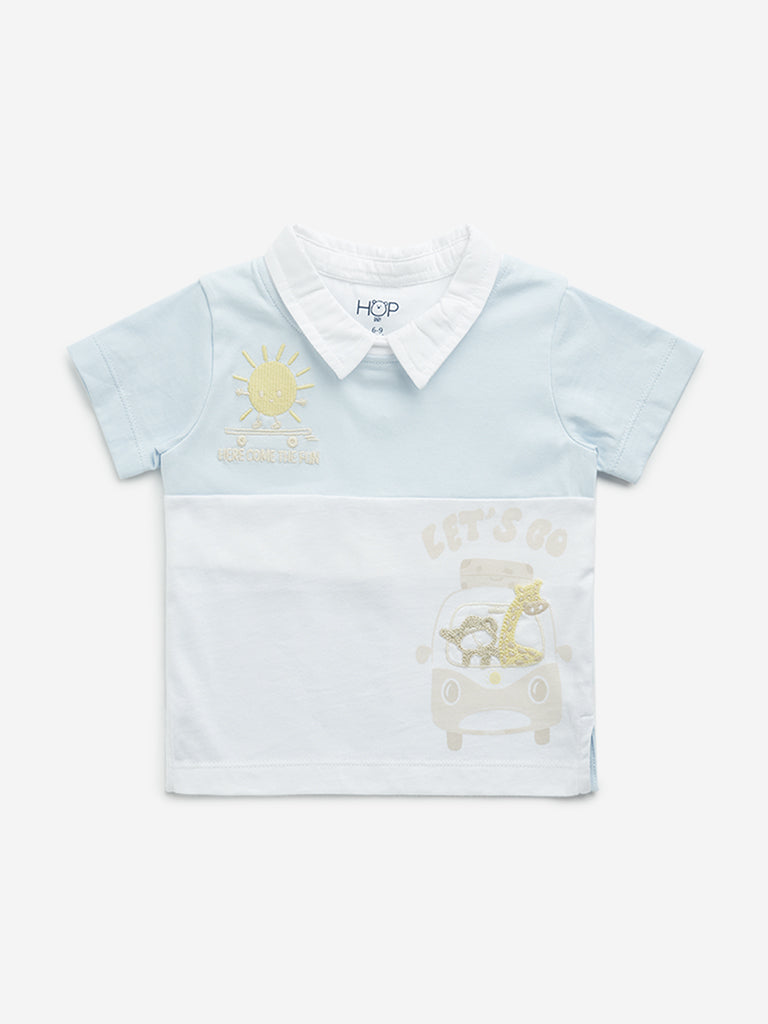 Westside HOP Baby Boy's Light Blue Embroidered Cotton T-Shirt for Casual Wear Front View
