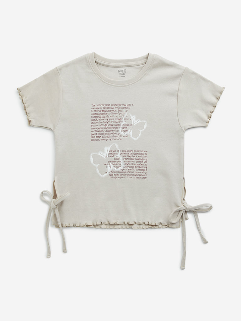 Westside Y&F Girl's Light Beige Typographic Print Cotton T-Shirt for Casual Wear Front View